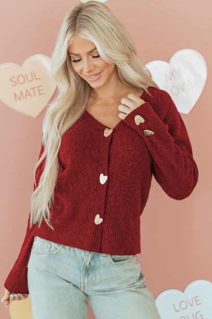 Chicory Coffee Heart Metal Button V Neck Cardigan Sweater