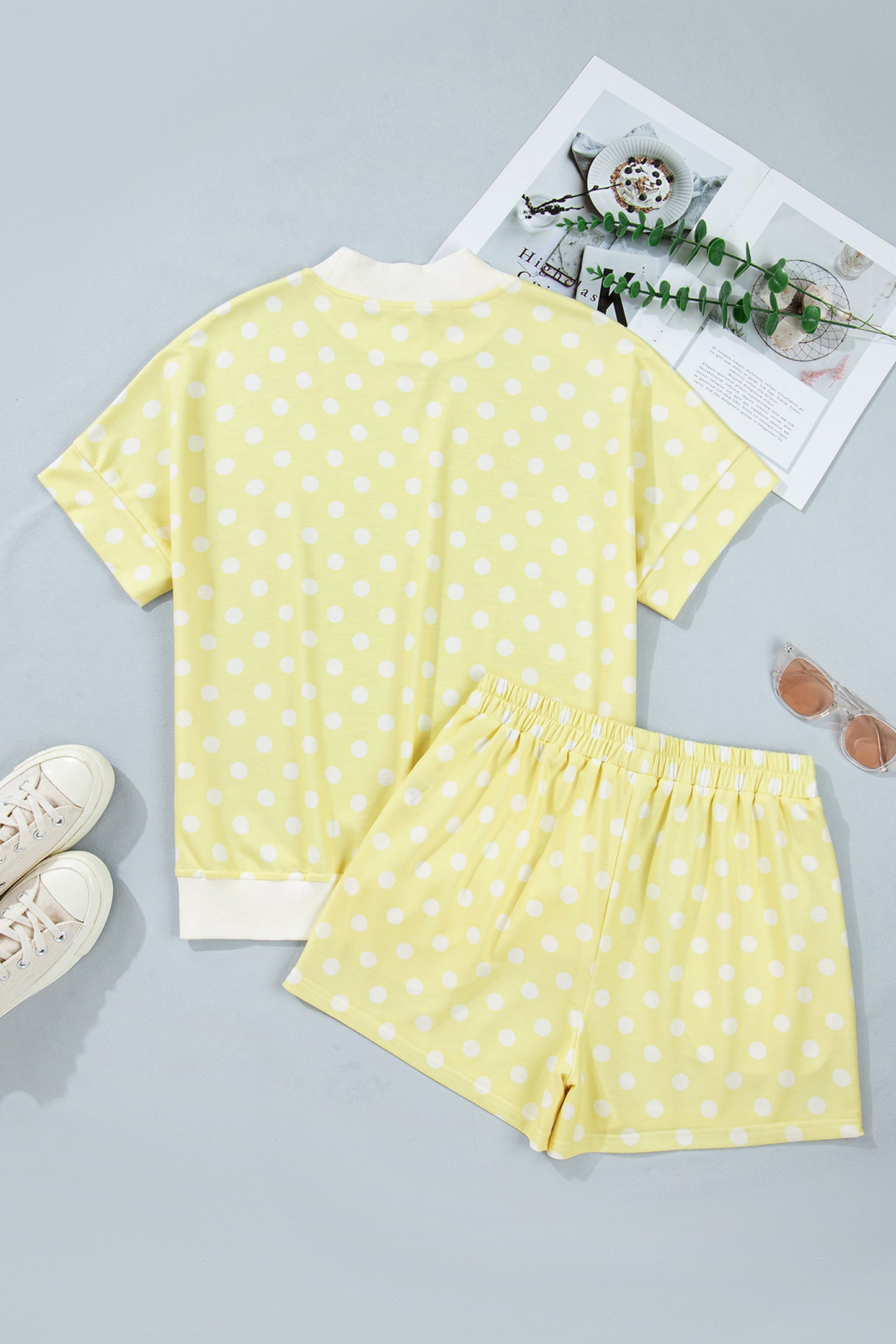 Polka Dot Print Color Block Trim Mock Neck Short Set