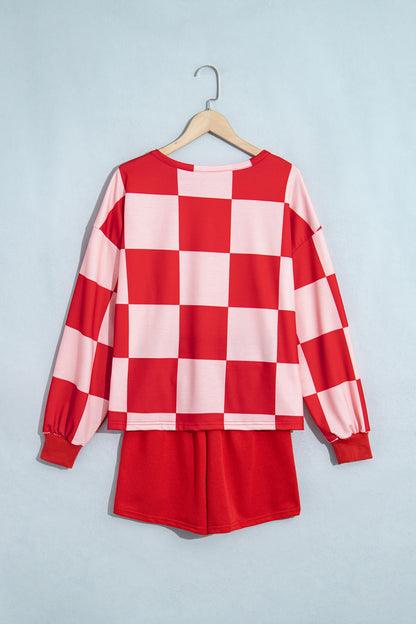Checkerboard Plaid Long Sleeve Solid Color Shorts 2pcs Set