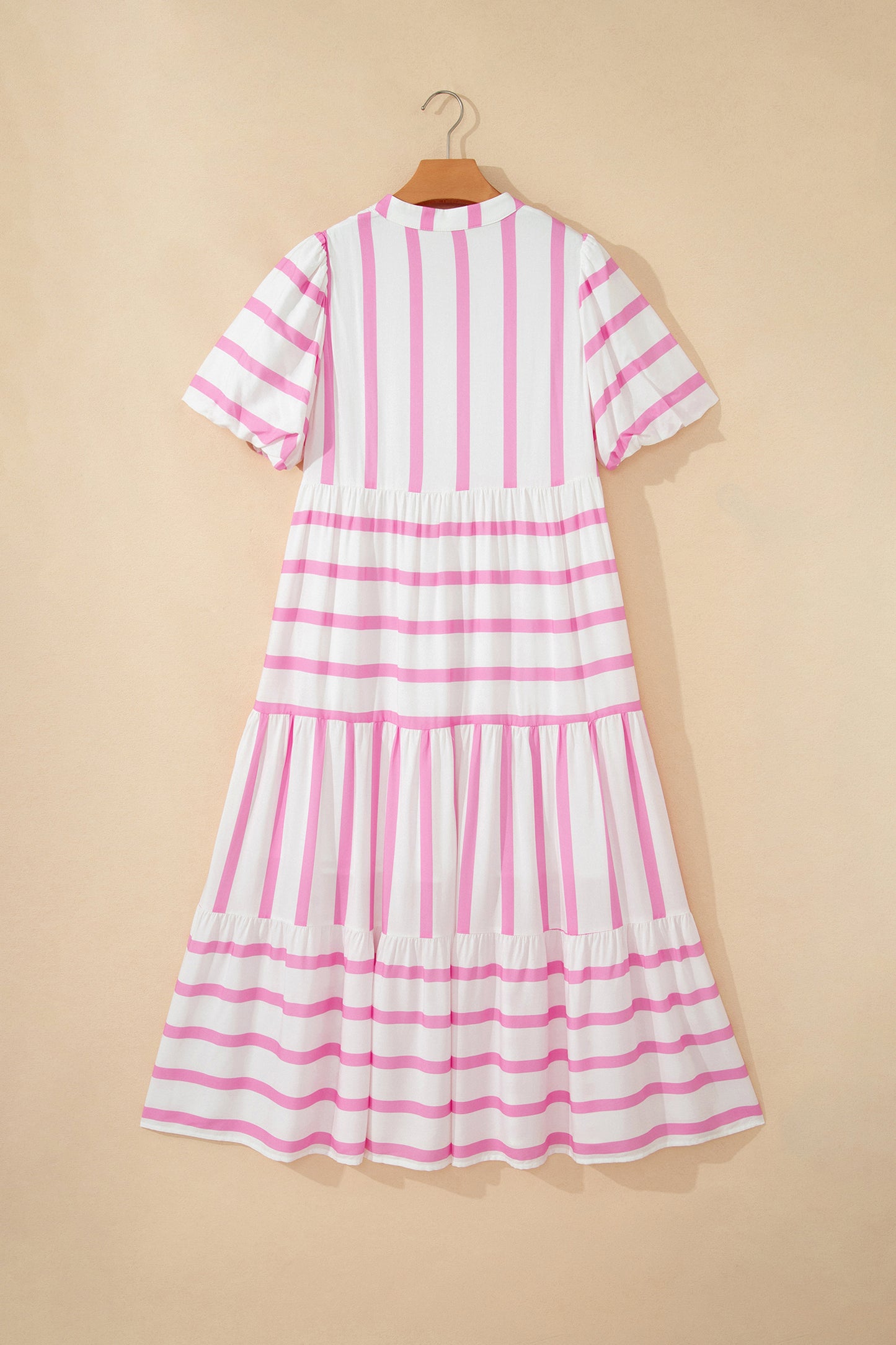 Stripe Ricrac Trim Notched Neck Half Sleeve Vacation Dress