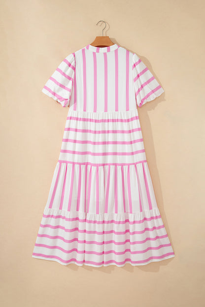 Stripe Ricrac Trim Notched Neck Half Sleeve Vacation Dress