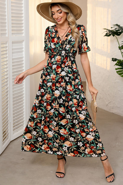 Black Fiery Floral Print Frilled V Neck Short Sleeve Maxi Dress