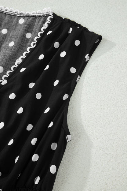 Polka Dot Print Contrast Trim V Neck Zip Up Sleeveless Dress
