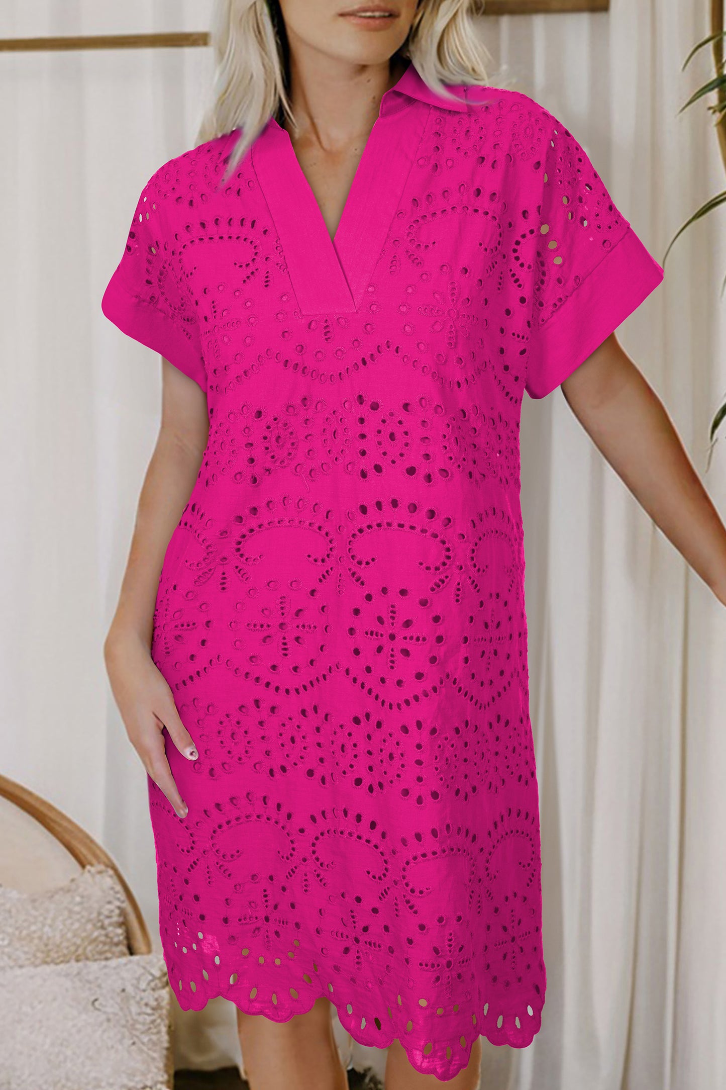 Solid Color Eyelet Embroidered T Shirt Mini Dress