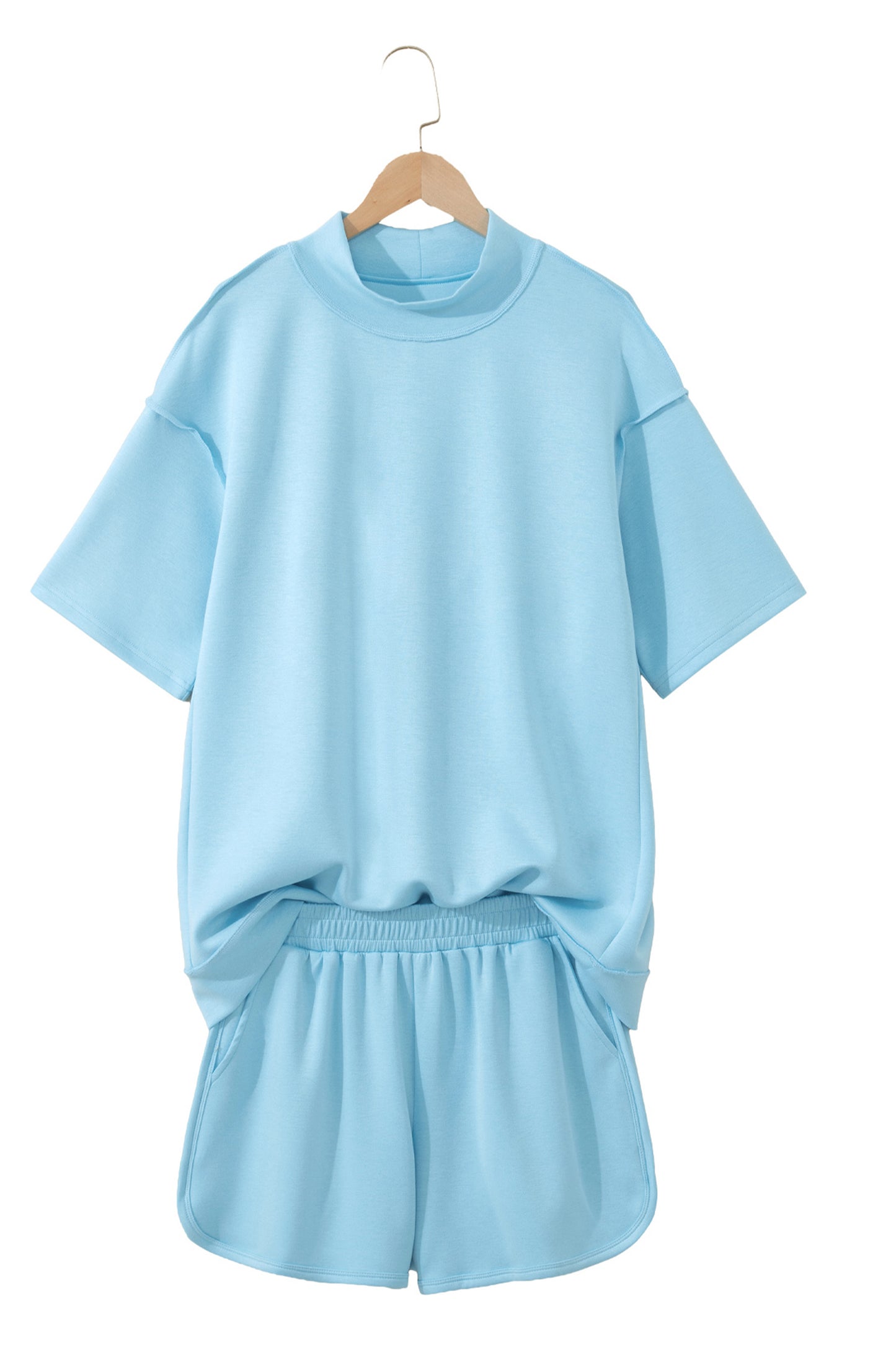 Solid Color Exposed Seam Mock Neck Oversize Tee Casual Shorts 2pcs Outfit