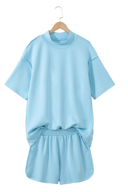 Solid Color Exposed Seam Mock Neck Oversize Tee Casual Shorts 2pcs Outfit