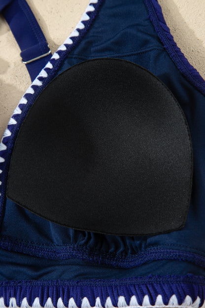 Shell Stitched Trim V Neck Textured Mix and Match High Waist Bikinis