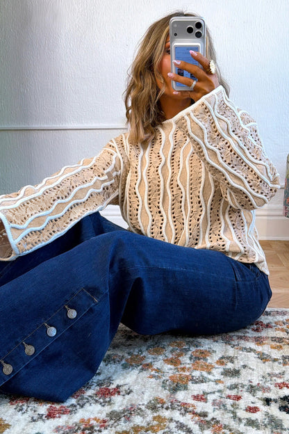 Wavy Detail Hollow Out Knit Long Sleeve Cotton Pullover Sweater