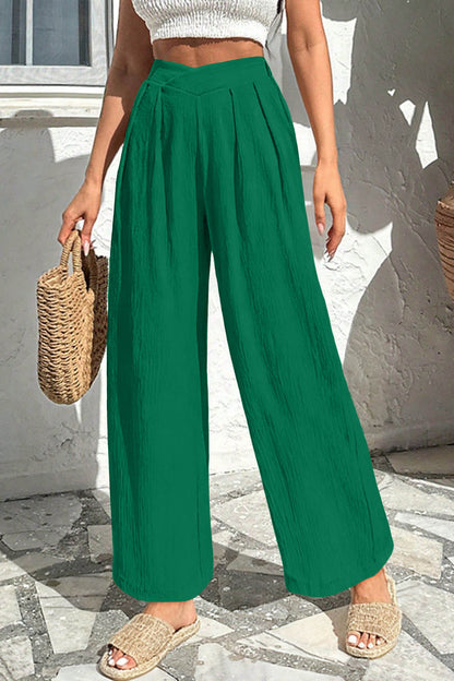Solid Color Textured Crossed Waist Loose Pants