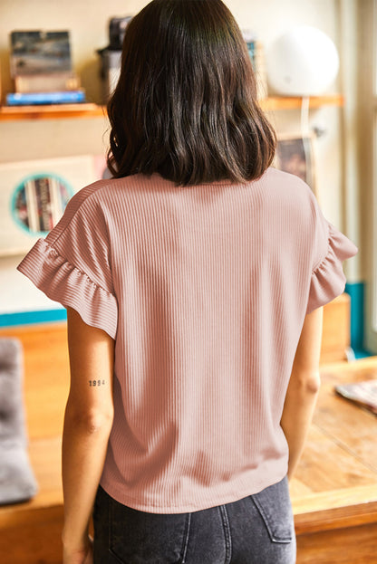 Jungle Green Solid Color Ribbed Ruffled Short Sleeve T Shirt