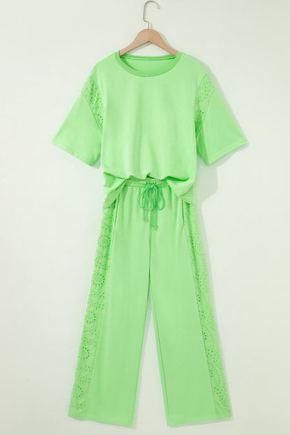Lace Patchwork Half Sleeve Top Elastic Waist Pants Two Piece Set