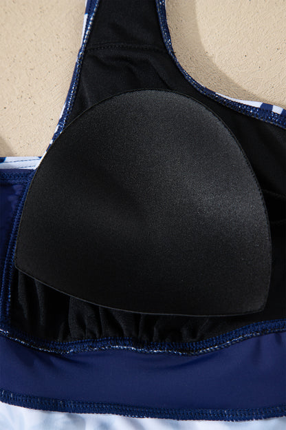 Navy Blue Color Block Patchwork Bow Knot Detail Sleeveless Swim Dress