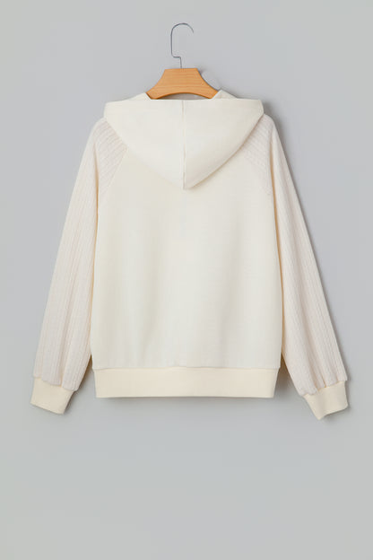 Beige Solid Color Textured Sleeve Patchwork Half Zip Hoodie