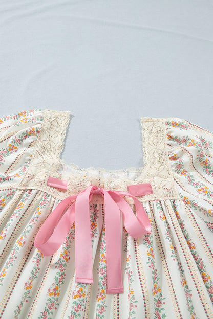 Multicolour Floral Print Contrast Ribbon Bow Lace Trim Square Neck Mini Dress