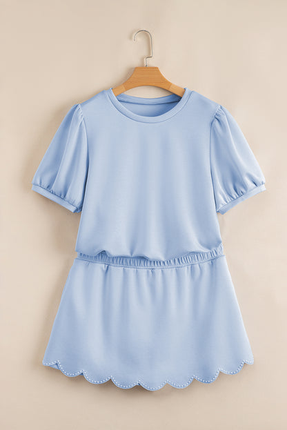 Puff Sleeve Pearl Embellished Scallop Trim Top 2 Piece Skort Set