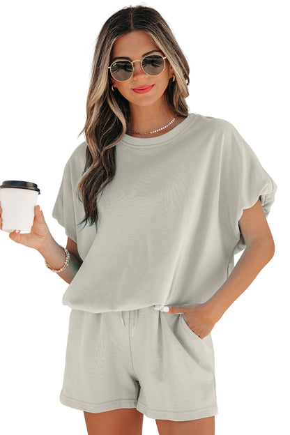 Solid Color Puffy Loose Top Drawstring Shorts 2pcs Outfit