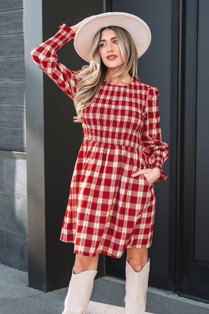 Red Plaid Print Smocked Puff Sleeve Mini Dress