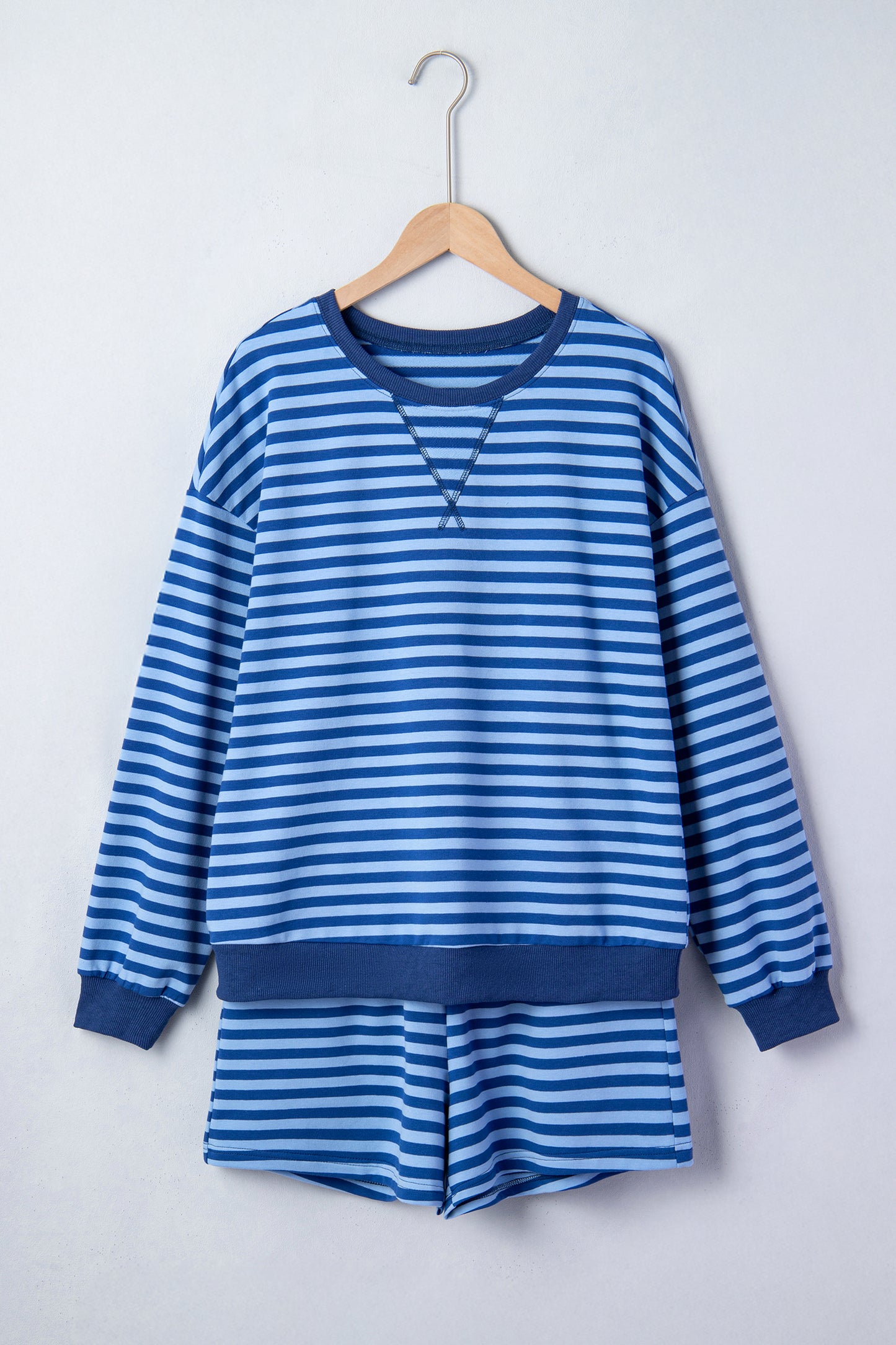 Blue Stripe Drop Shoulder Long Sleeve Pullover Elastic Waist Casual Short Set