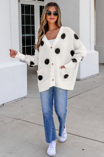 Polka Dot Button Front Oversized V Neck Cardigan