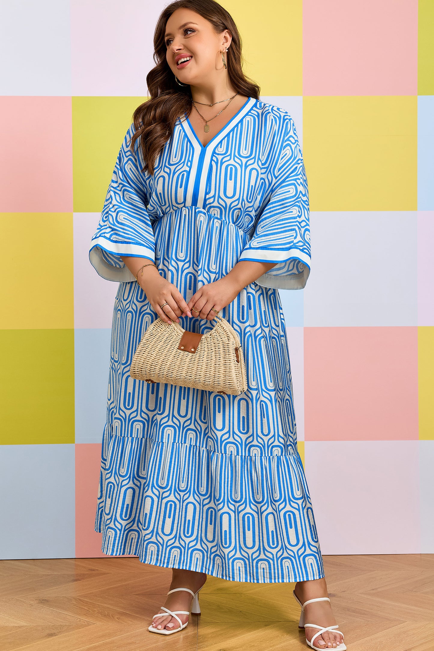Plus Size Geometric Print Contrast Trim V Neck Bracelet Sleeve Long Dress