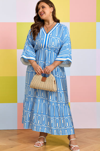 Plus Size Geometric Print Contrast Trim V Neck Bracelet Sleeve Long Dress