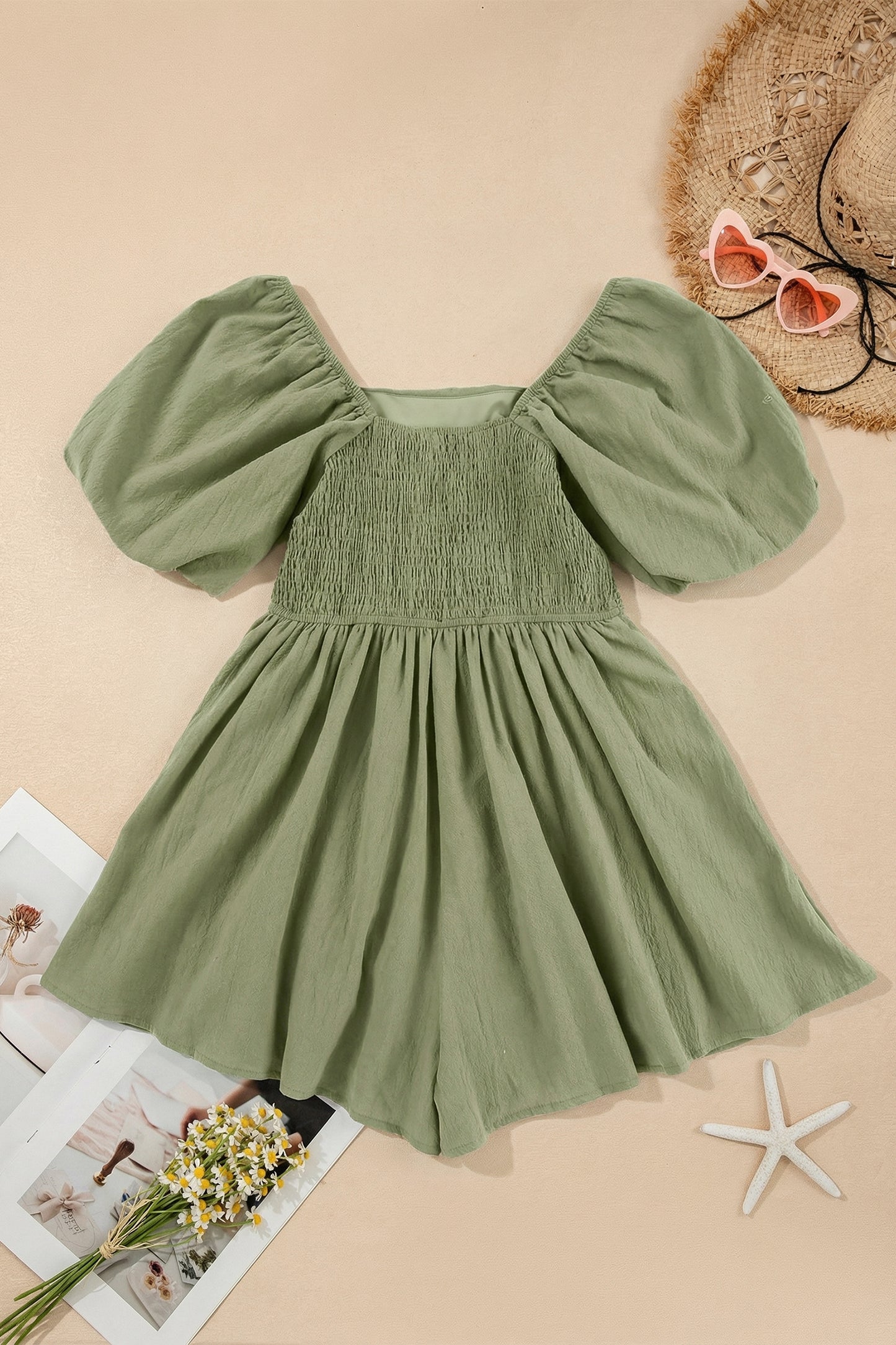 Square Neck Ruched Puff Sleeve Romper