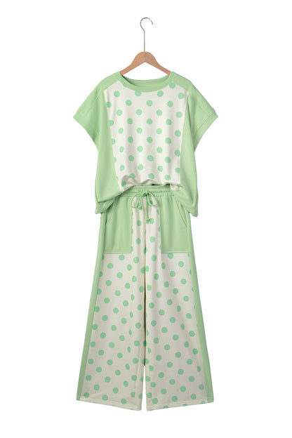 Color Block Patchwork Polka Dot Wide Leg Pant Set