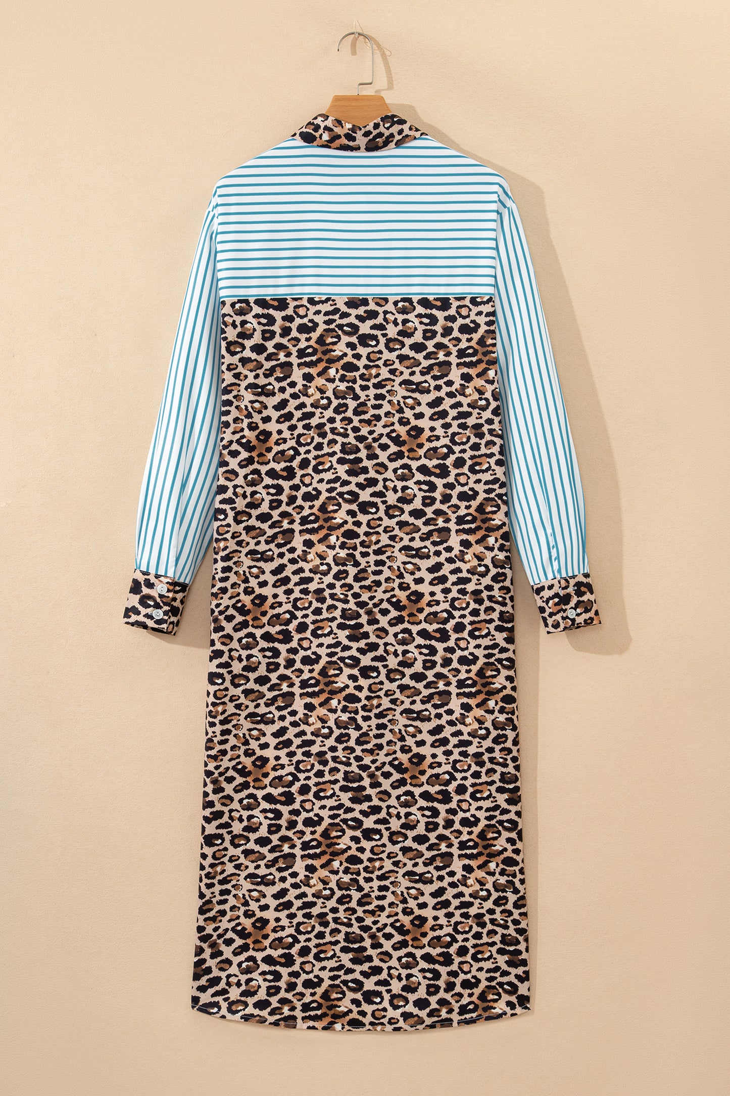 Brown Stripe Contrast Leopard Patchwork Long Shirt Dress with Slits