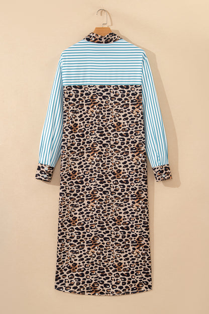 Brown Stripe Contrast Leopard Patchwork Long Shirt Dress with Slits