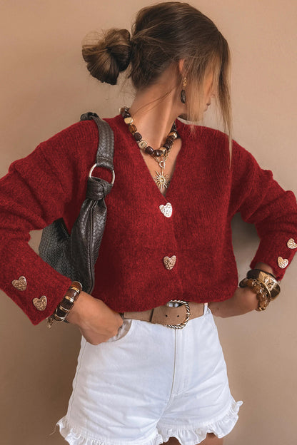 Chicory Coffee Heart Metal Button V Neck Cardigan Sweater