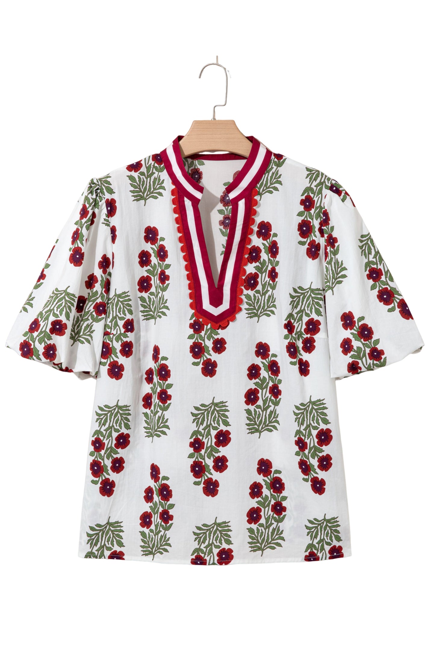 Plus Size Floral Print Ricrac Striped Trim Short Sleeve Cotton Blouse