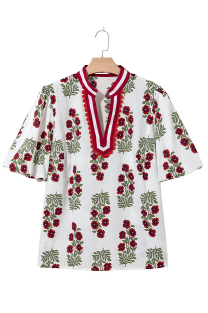Plus Size Floral Print Ricrac Striped Trim Short Sleeve Cotton Blouse