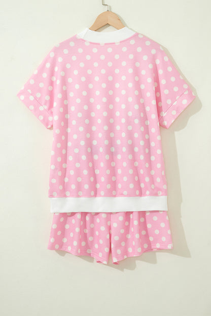 Polka Dot Print Color Block Trim Mock Neck Short Set