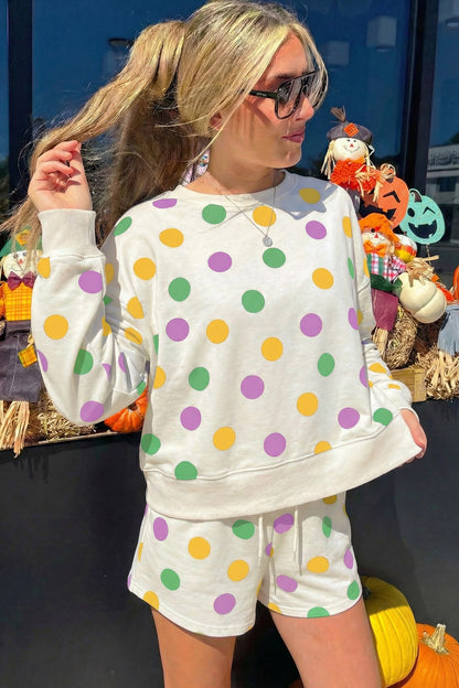 Polka Dot Print Drop Shoulder Pullover Drawstring Shorts Set