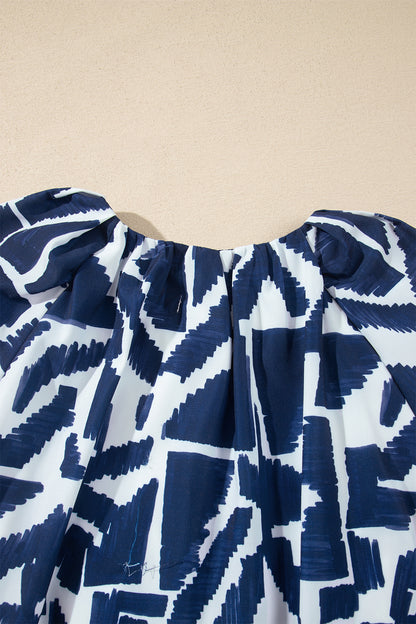 Blue Abstract Geometric Print Zip Front Tie Waist Shift Dress