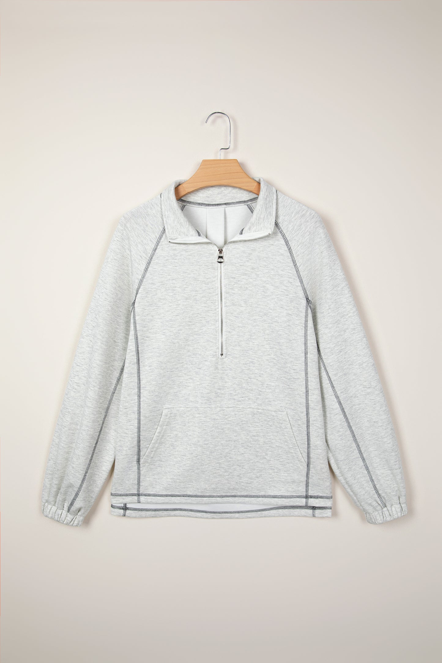 Light Grey Half Zip Stand Neck Seam Detail Long Sleeve Top
