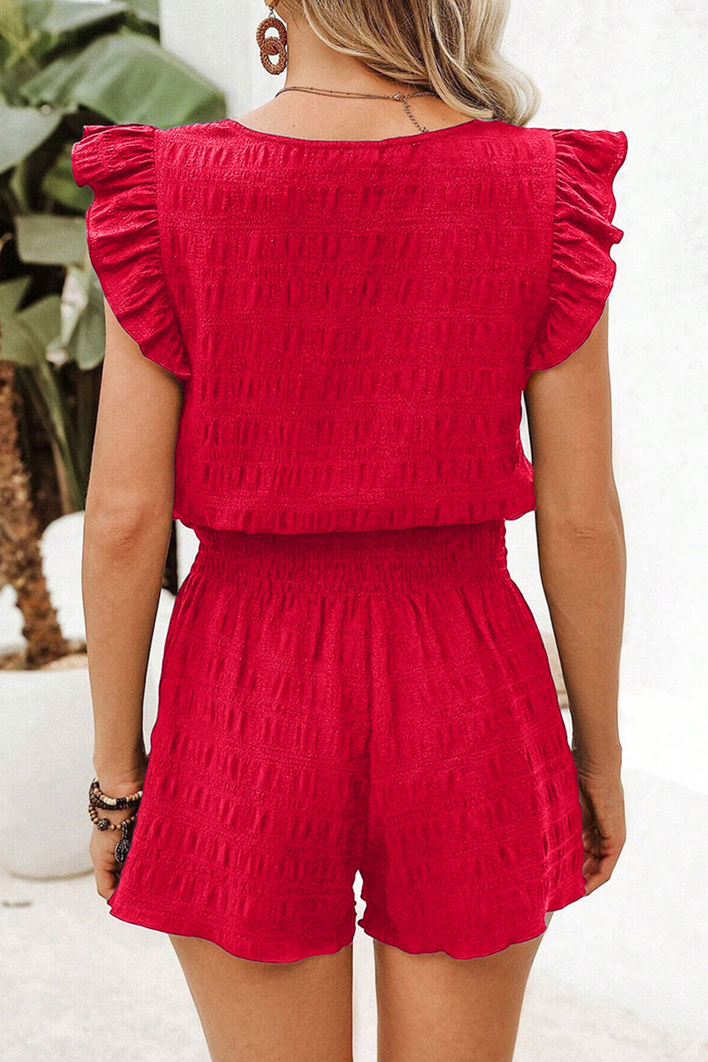 Textured Square Neck Top and Shirred High Waist Shorts Set