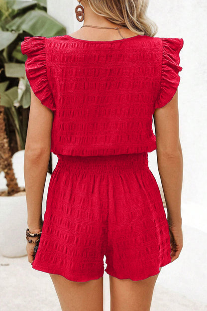 Textured Square Neck Top and Shirred High Waist Shorts Set