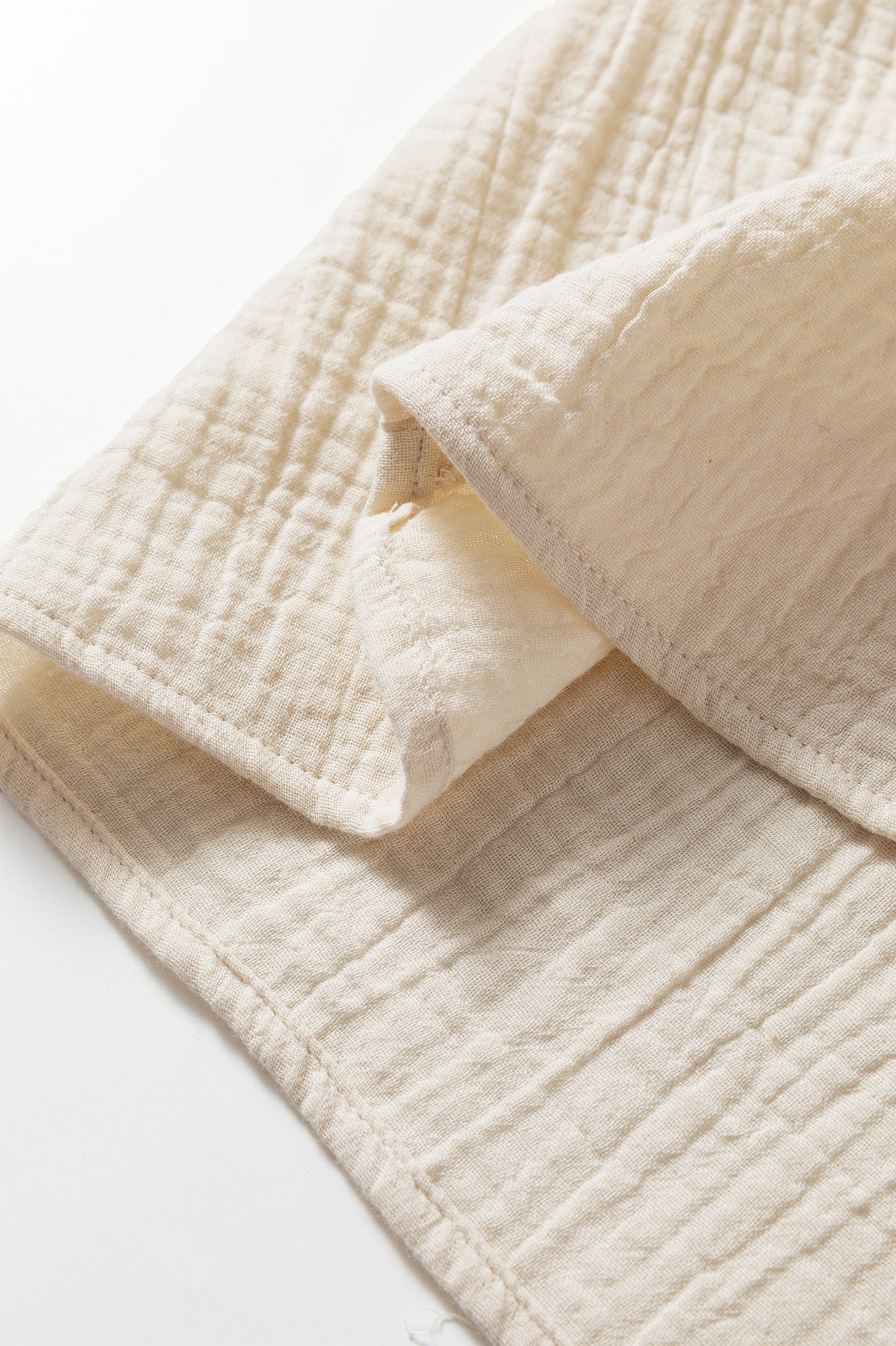 Beige Crochet Insert Textured Cotton Short Sleeve Blouse Top