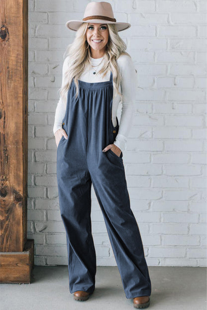 Button Adjustable Straps Solid Color Corduroy Jumpsuit