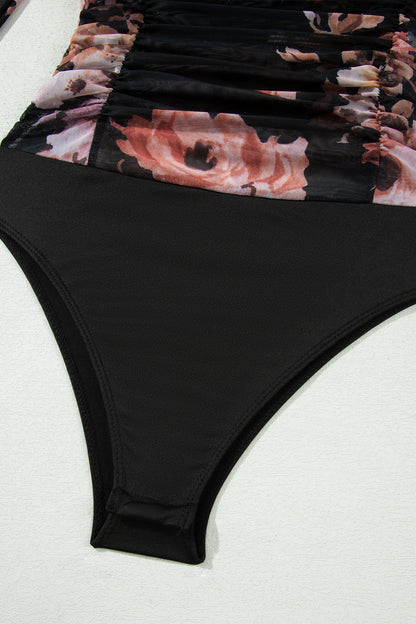 Brown Floral Mesh Long Sleeve High Neck Bodysuit