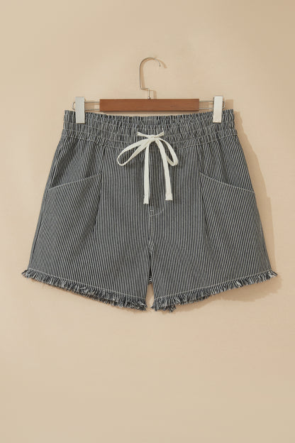 Raw Edge Drawstring Elastic Waist Casual Denim Shorts