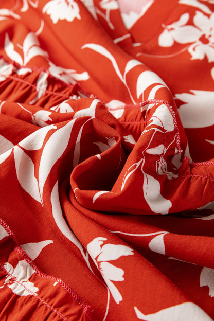 Blue Boho Floral Print Lettuce Trim 3/4 Sleeve Mini Dress