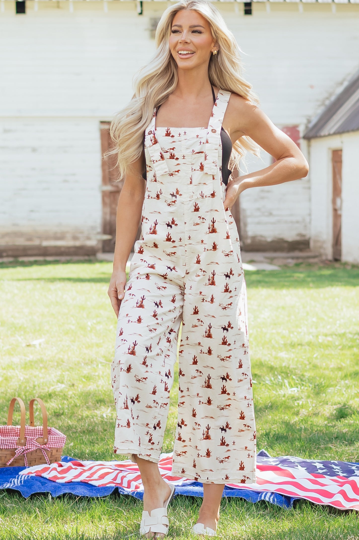 Western Printed Button Adjustable Straps Loose Jumpsuit Dungarees