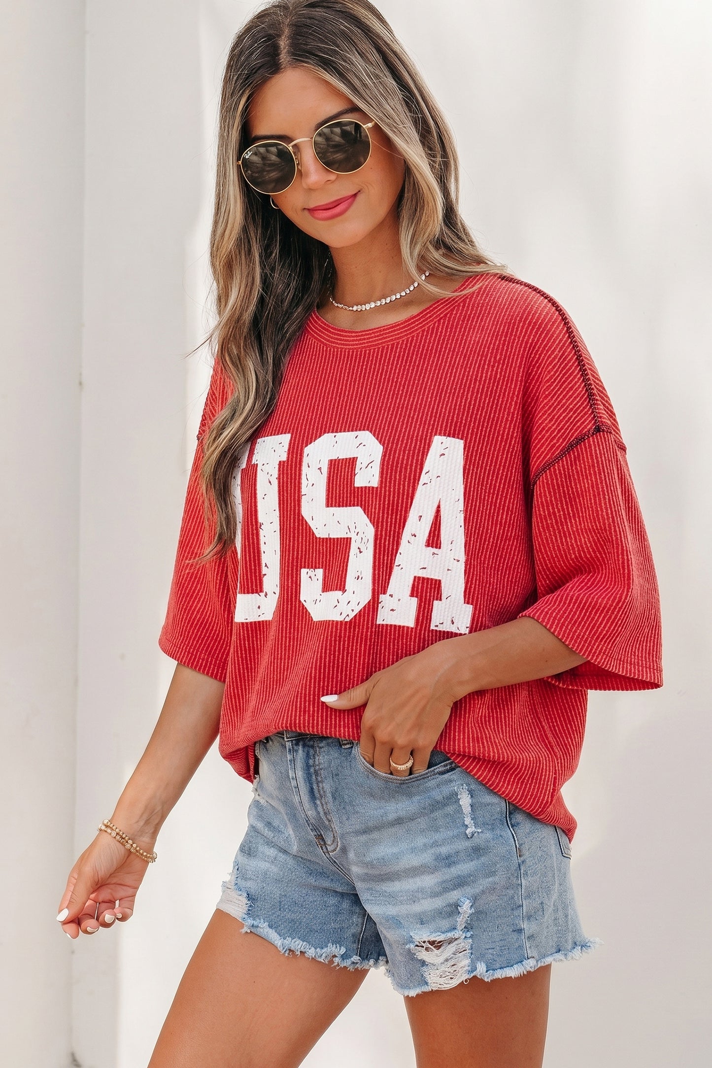 USA Graphic Half Sleeve Loose Ribbed Top