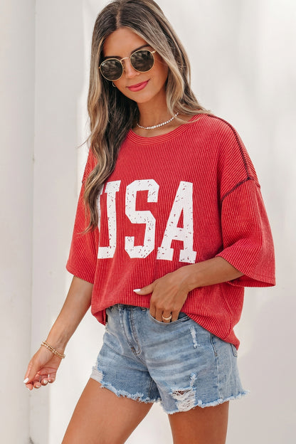 USA Graphic Half Sleeve Loose Ribbed Top
