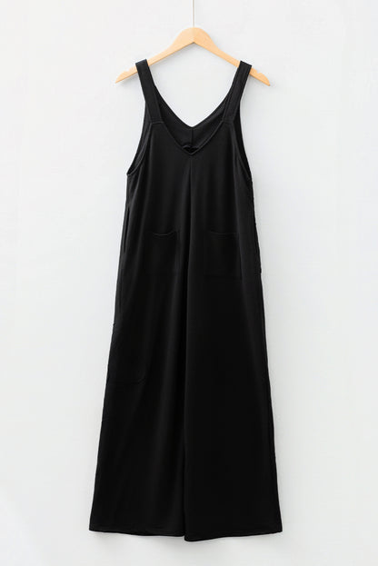 Black Solid Color Raw Seam Big Flower Patched Loose Overall Jumpsuit