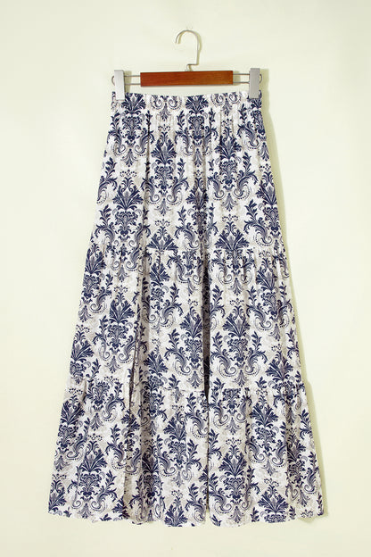 Bohemian Floral Print Tiered Maxi Skirt with Split