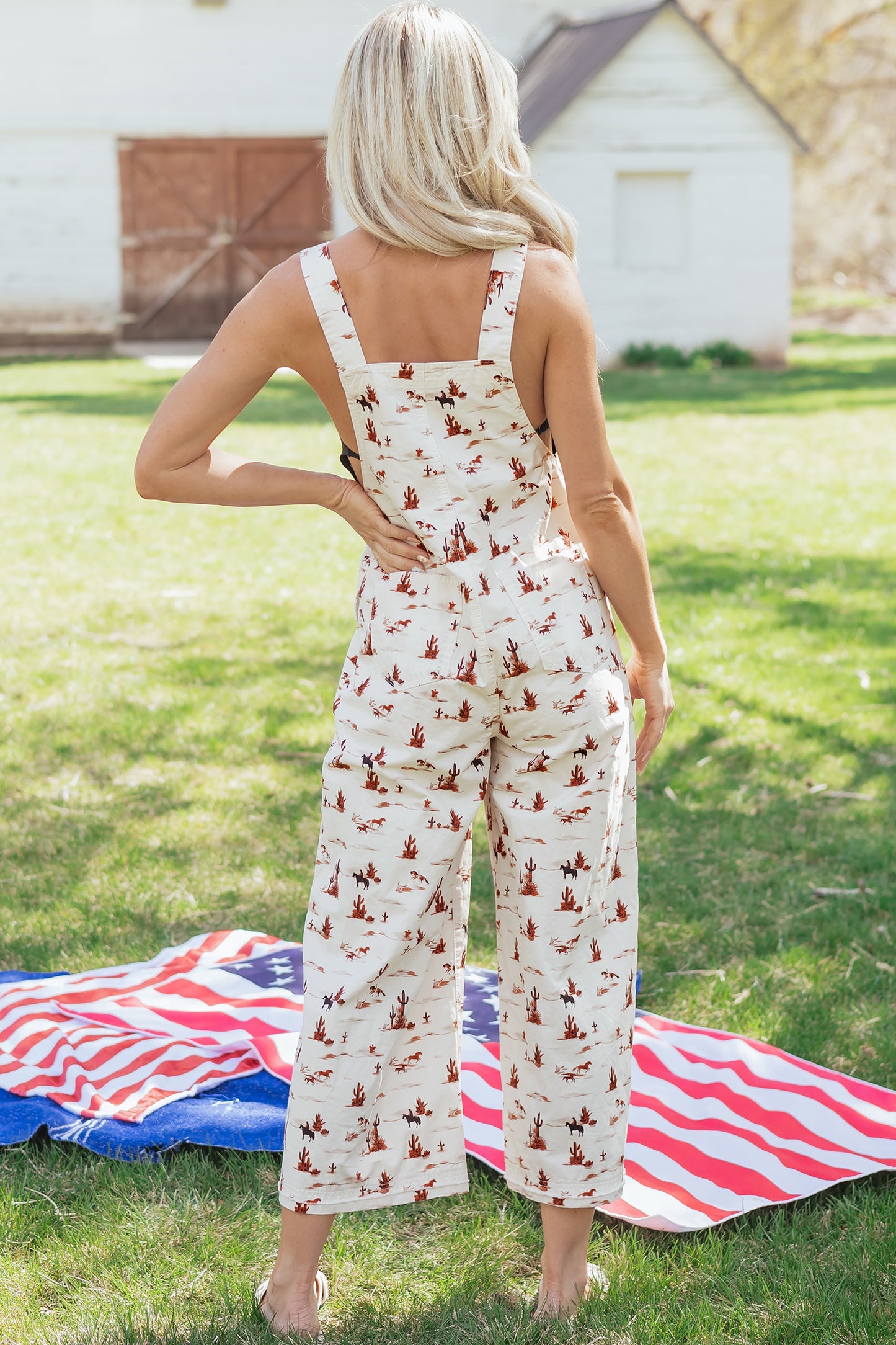 Western Printed Button Adjustable Straps Loose Jumpsuit Dungarees