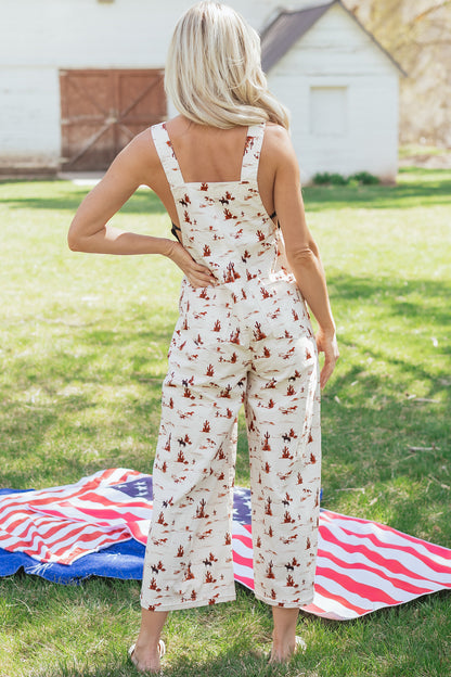 Western Printed Button Adjustable Straps Loose Jumpsuit Dungarees